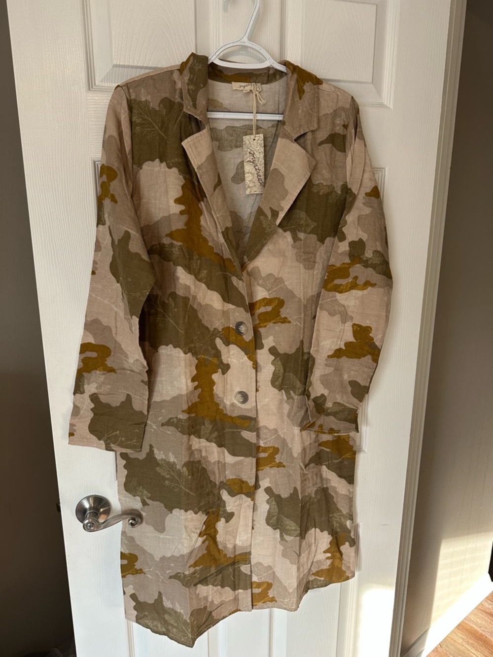 Mystree Camouflage Linen-Blend Long Blazer in Beige, Olive & Brown